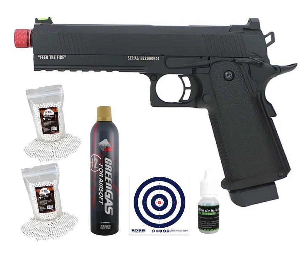 Pistola de Airsoft GBB Black Evil 1911 5.1 Blowback 6mm - TAG + Green Gas + BB’S + Óleo de Silicone + Alvos