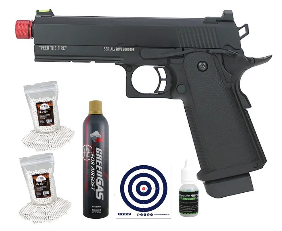 Pistola de Airsoft GBB Black Whisper 1911 Hi-Capa 4.3 Blowback 6mm - TAG + Green Gas + BB’S + Óleo de Silicone + Alvos