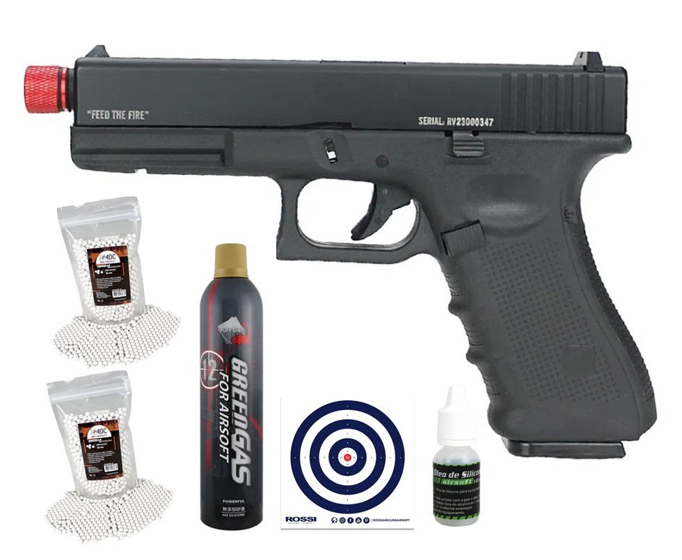 Pistola de Airsoft GBB G17 Raven Full Metal Green Gas 6mm - TAG + Green Gas + BB’S + Óleo de Silicone + Alvos