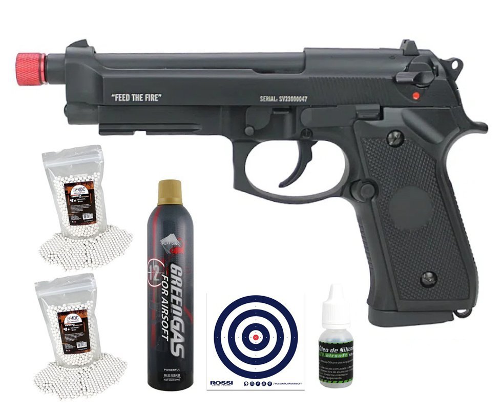 Pistola de Airsoft GBB Beretta M92 Savage Green Gas Blowback 6mm - TAG + Green Gas + BB’S + Óleo de Silicone + Alvos