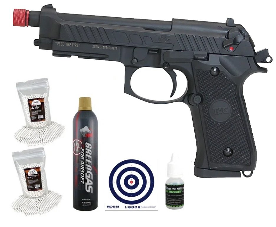Pistola de Airsoft GBB Beretta M92 Savage Green Gas Blowback 6mm - TAG + Green Gas + BB’S + Óleo de Silicone + Alvos