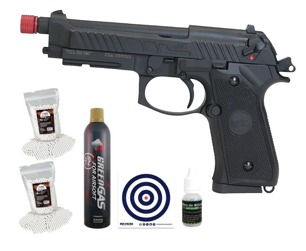 Pistola de Airsoft GBB Beretta M92 Savage Green Gas Blowback 6mm - TAG + Green Gas + BB’S + Óleo de Silicone + Alvos