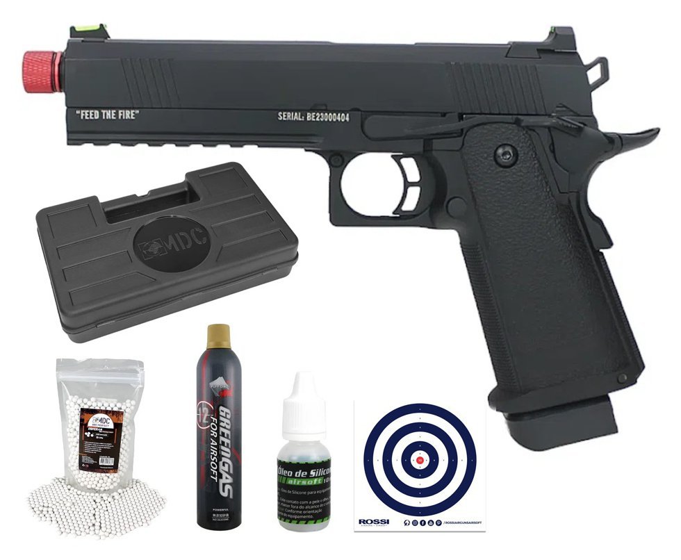 Pistola de Airsoft GBB Black Evil 1911 5.1 Blowback 6mm - TAG + Case + Green Gas + BB’S + Óleo de Silicone + Alvos