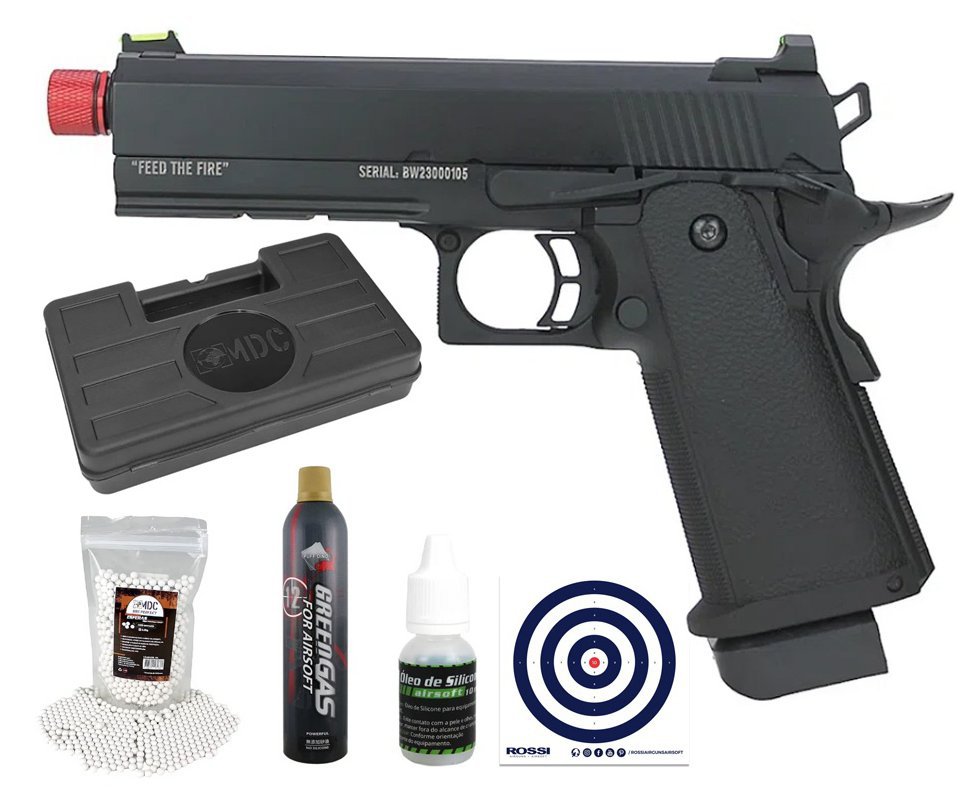Pistola de Airsoft GBB Black Whisper 1911 Hi-Capa 4.3 Blowback 6mm - TAG + Case + Green Gas + BB’S + Óleo de Silicone + Alvos