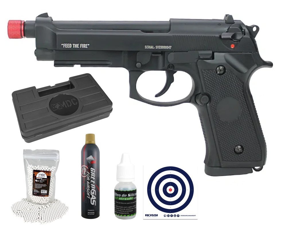 Pistola de Airsoft GBB Beretta M92 Savage Green Gas Blowback 6mm - TAG + Case + Green Gas + BB’S + Óleo de Silicone + Alvos