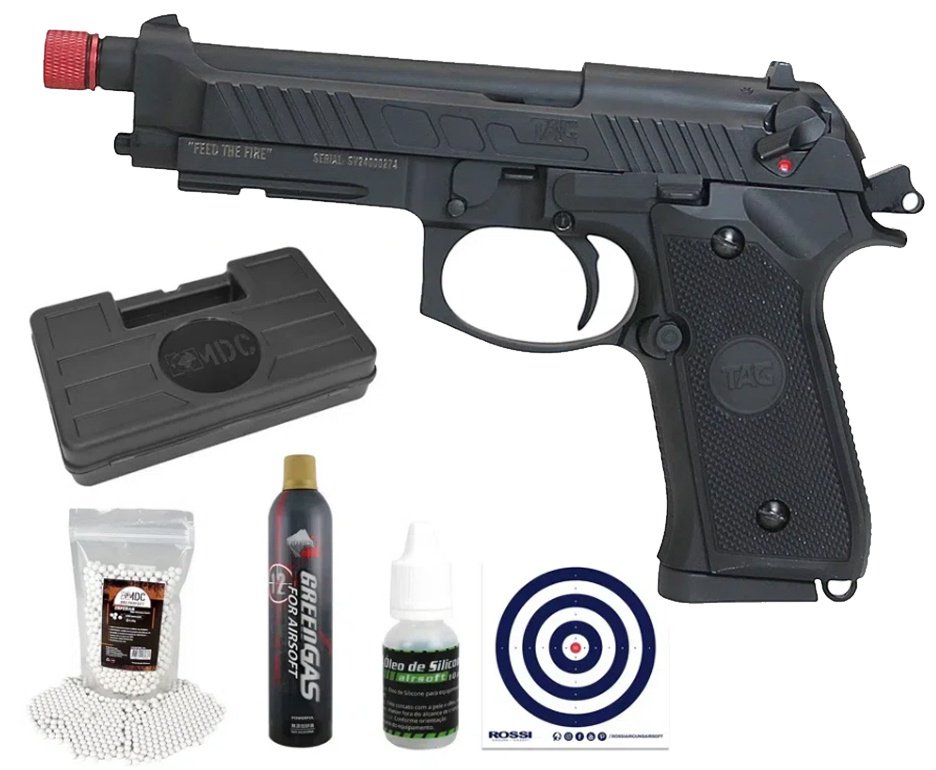 Pistola de Airsoft GBB Beretta M92 Savage Green Gas Blowback 6mm - TAG + Case + Green Gas + BB’S + Óleo de Silicone + Alvos