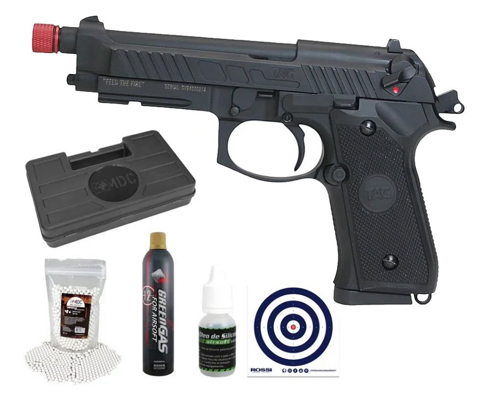 Pistola de Airsoft GBB Beretta M92 Savage Green Gas Blowback 6mm - TAG + Case + Green Gas + BB’S + Óleo de Silicone + Alvos