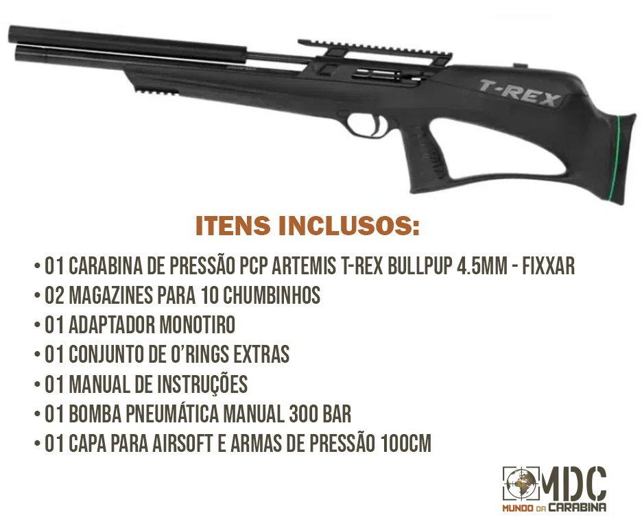 Carabina de Pressão PCP Artemis T-REX Bullpup 4,5mm com Válvula Reguladora - Fixxar + Bomba + Capa
