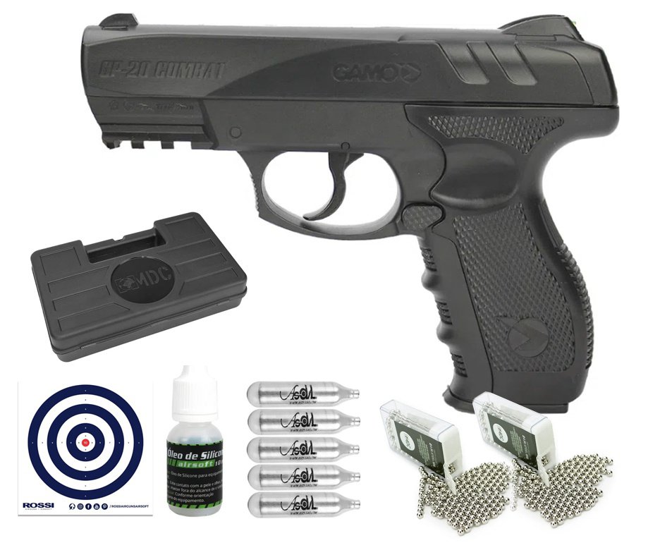 Pistola De Co2 Gamo Gp-20 Combat Cal 4,5mm + Co2 + Munição + Alvos + Óleo de Silicone + Case