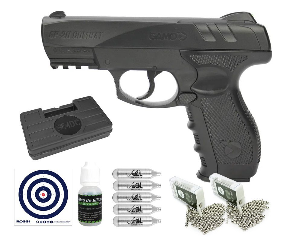 Pistola de Pressão a Gás CO2 GP-20 Combat 4.5mm - Gamo + CO2 + Esferas + Case + Óleo de Silicone + Alvos