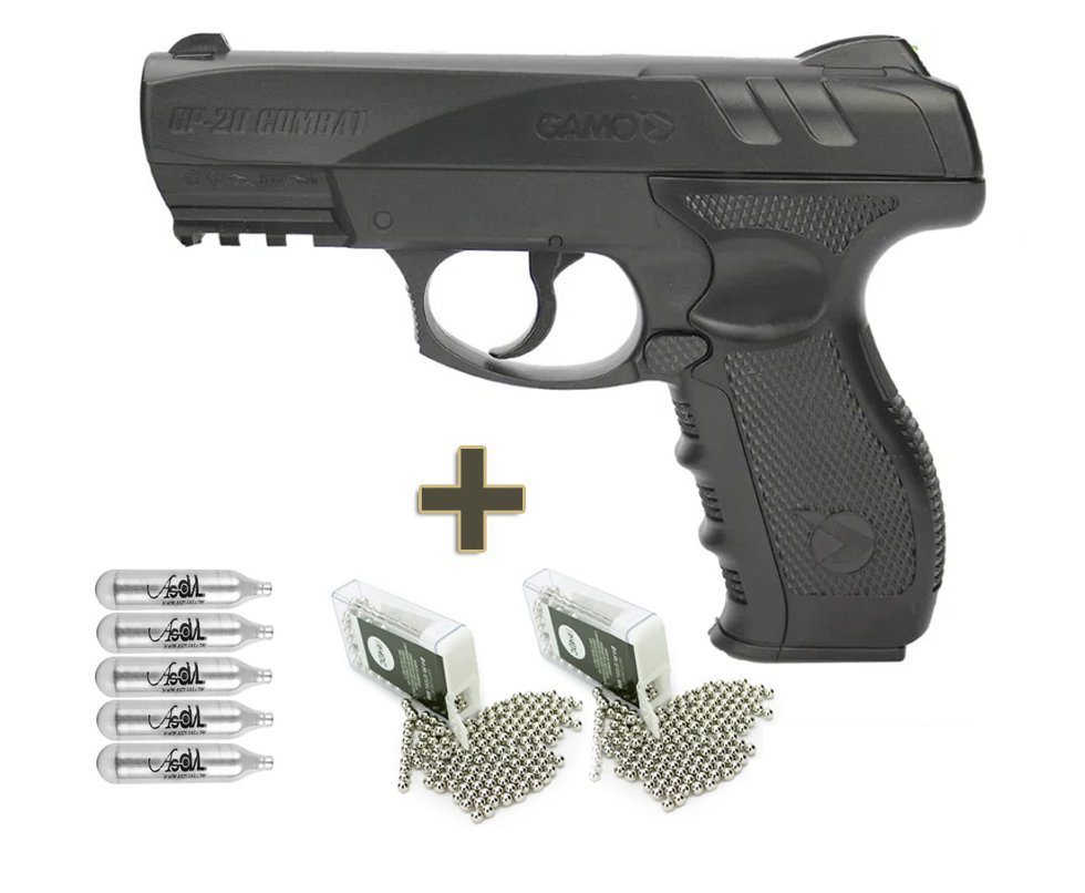 Pistola de Pressão a Gás CO2 GP-20 Combat 4.5mm - Gamo + CO2 + Esferas