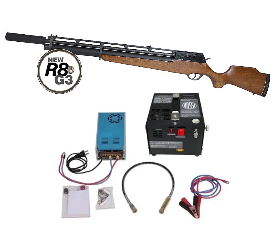 Carabina De Pressão Pcp Rossi R8 G3 Madeira Alto Fluxo STD 5,5mm 8 Tiros 350 M/S + Supressor + Compressor 110V/220V/12V