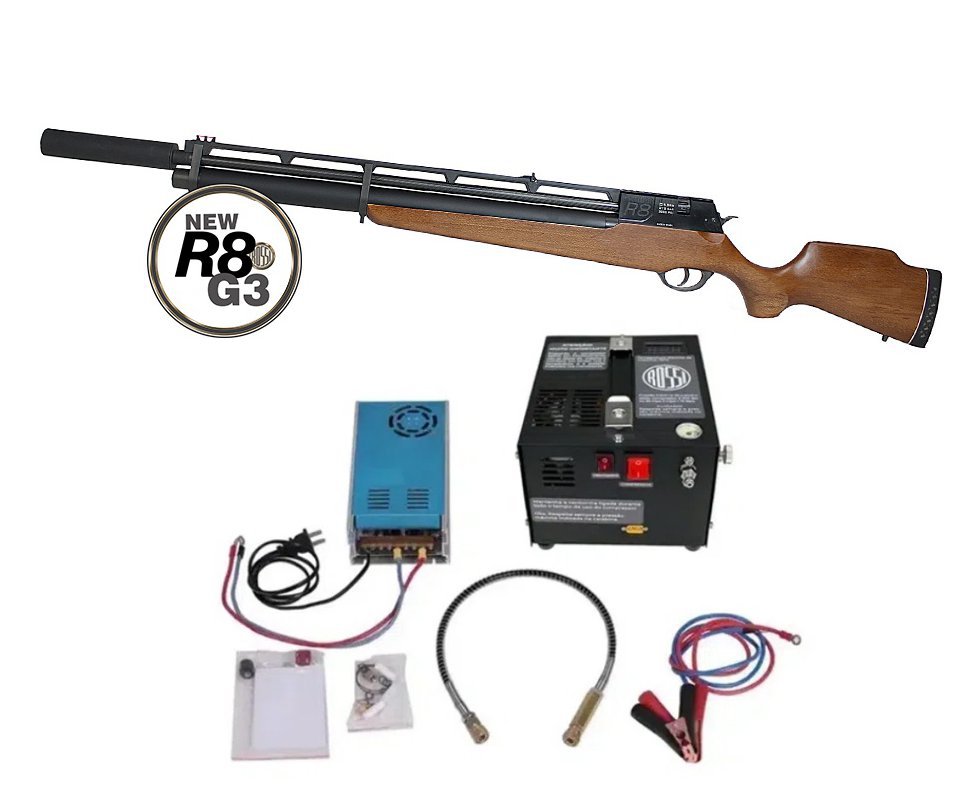 Carabina De Pressão Pcp Rossi R8 G3 Madeira Alto Fluxo STD 5,5mm 8 Tiros 350 M/S + Supressor + Compressor 110V/220V/12V