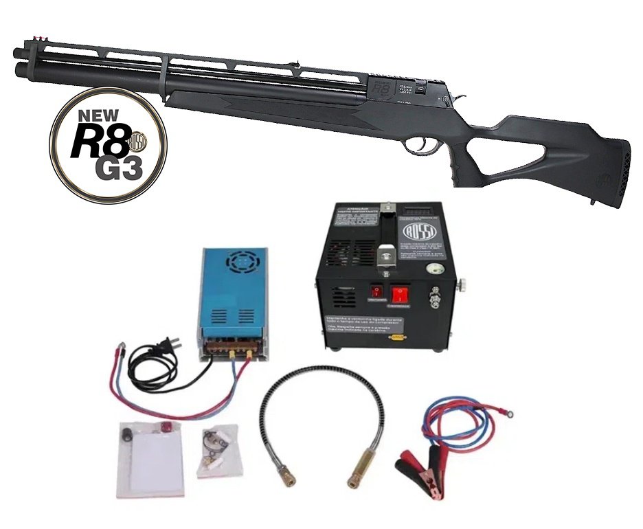 Carabina de Pressão PCP Rossi R8 G3 Black STD 5,5mm 8 Tiros + Compressor de Ar