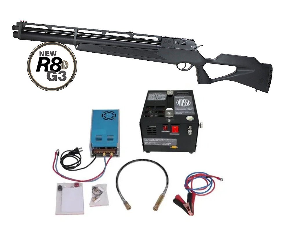 Carabina de Pressão PCP Rossi R8 G3 Black STD 5,5mm 8 Tiros + Compressor de Ar