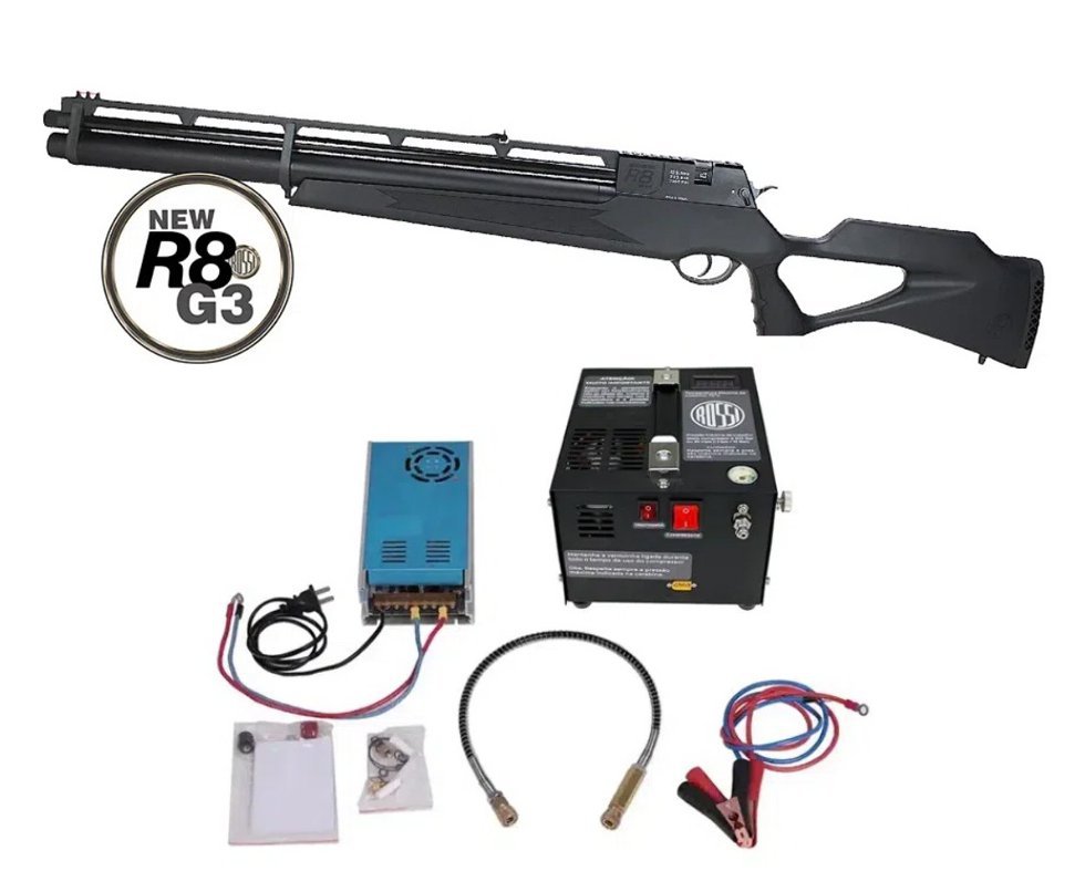 Carabina de Pressão PCP Rossi R8 G3 Black STD 6.35mm 8 Tiros + Compressor de Ar