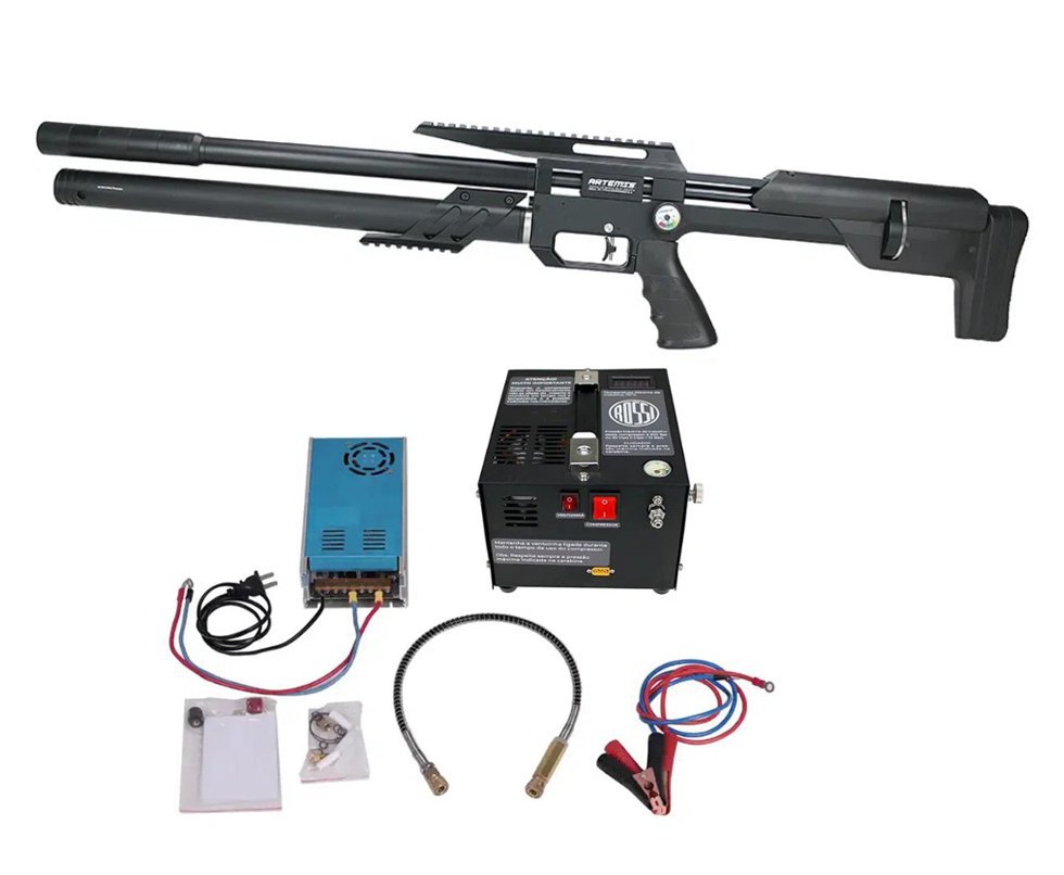 Carabina PCP Artemis M60 Bull Pup 5.5 Slayer Black 20 Tiros - FXR Artemis + Compressor Compacto portátil 300BAR 110V/220V/12V