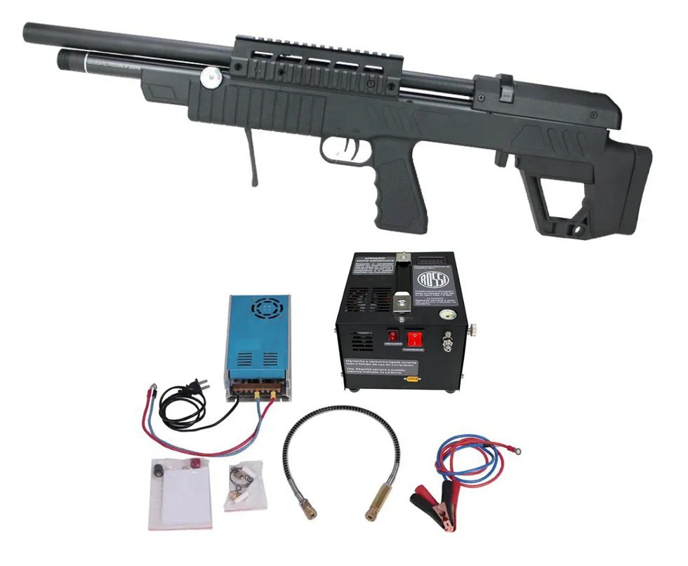 Carabina de Pressão PCP Beeman 13655 VR Bull PUP 6.35mm com Válvula Reguladora Rossi + Compressor Compacto portátil 300BAR 110V/220V/12V