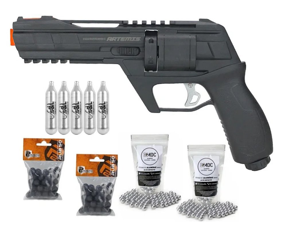 Revólver de Pressão a Gás CO2 HDR CP300 Defender .50 - Artemis + CO2 + Esferas Alumínio + Esferas de Borracha
