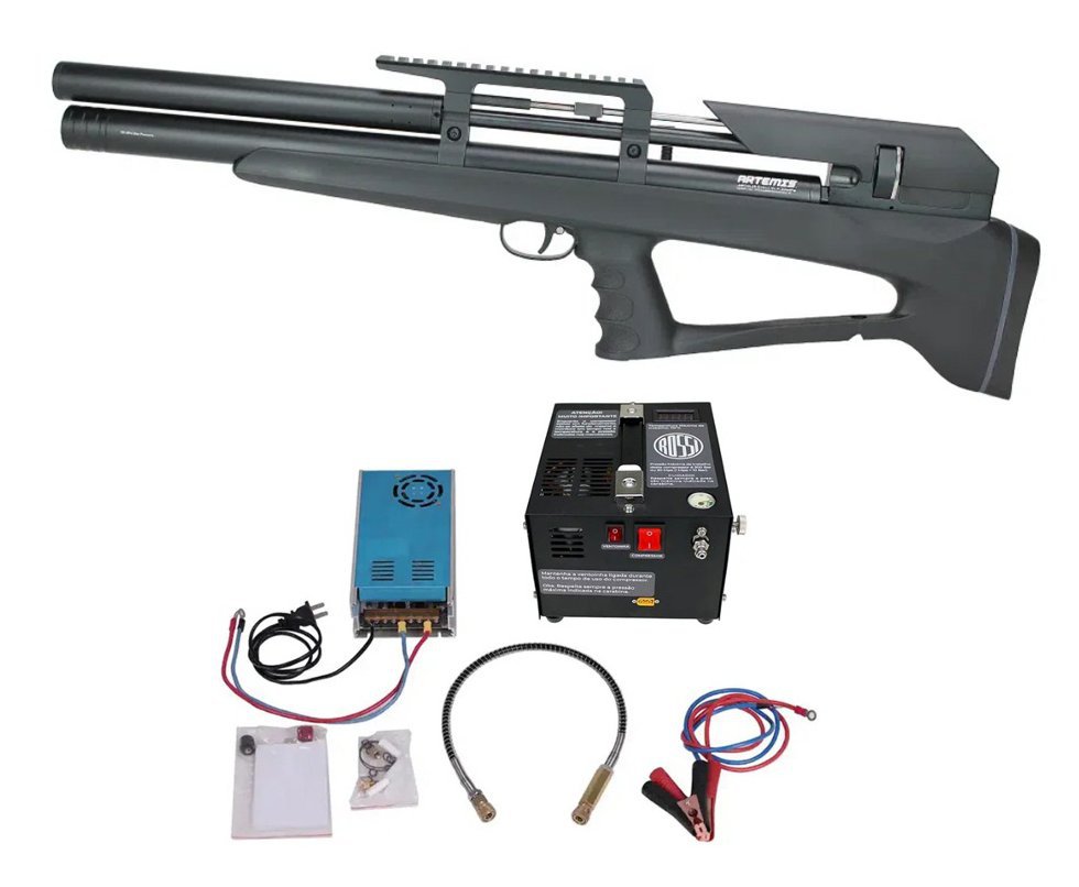 Carabina Pressão PCP P35 Artemis Bull PUP Blackened 5.5mm + Compressor portátil 300BAR 110V/220V/12V