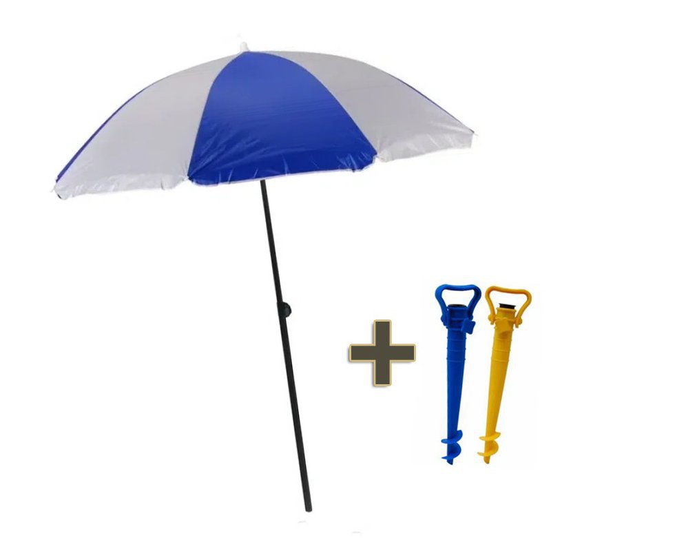 Guarda Sol 1,8m Com Silver Coating Azul Praia E Piscina Mor Fps 70 + Saca Areia Com Suporte Para Guarda