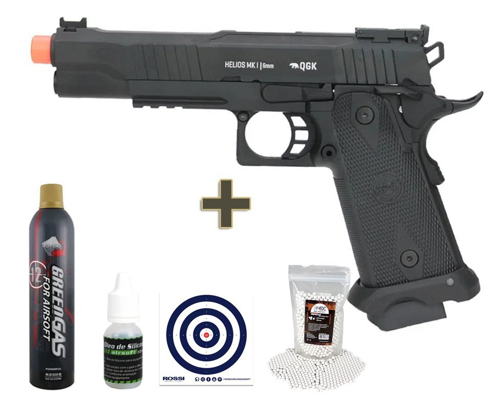 Pistola de Airsoft Green Gas GBB Helios MK 1 Full Metal Blowback - 6mm QGK + Green Gas + BBs + Óleo de Silicone + Alvos