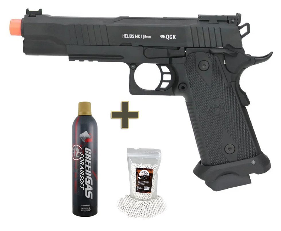 Pistola de Airsoft Green Gas GBB Helios MK 1 Full Metal Blowback - 6mm QGK + BBs + Green Gás