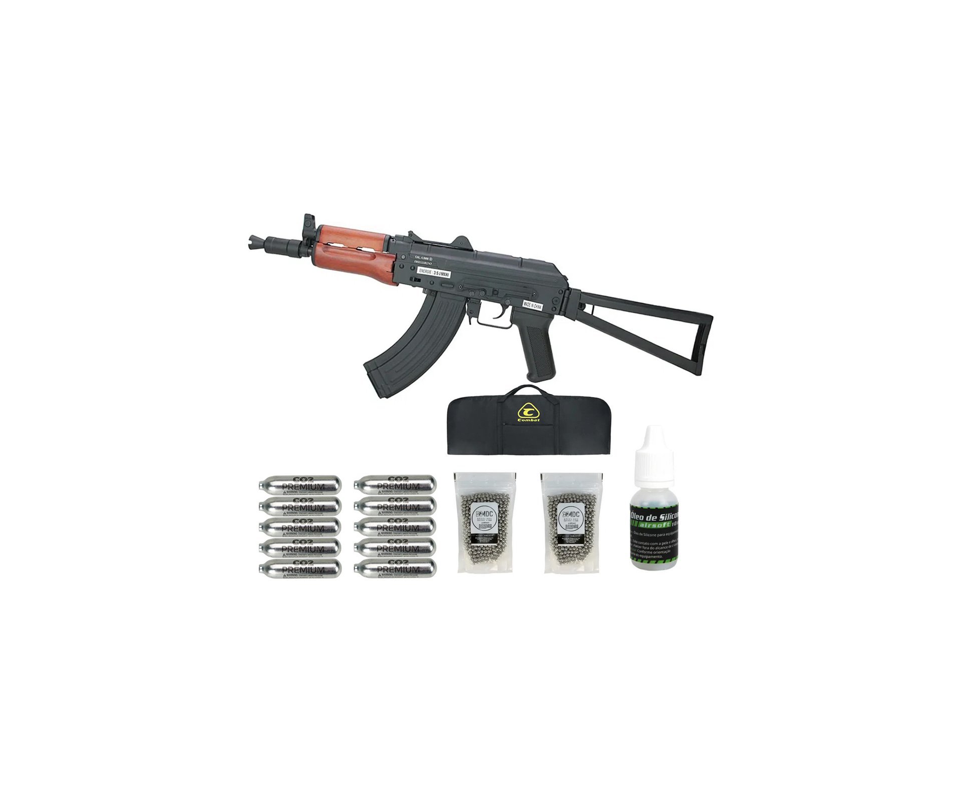 Rifle de Pressão Gás CO2 AKS74U Kalashnikov Full Metal 4.5mm - Cybergun + Co2 + Esferas + Oleo de silicone + Capa