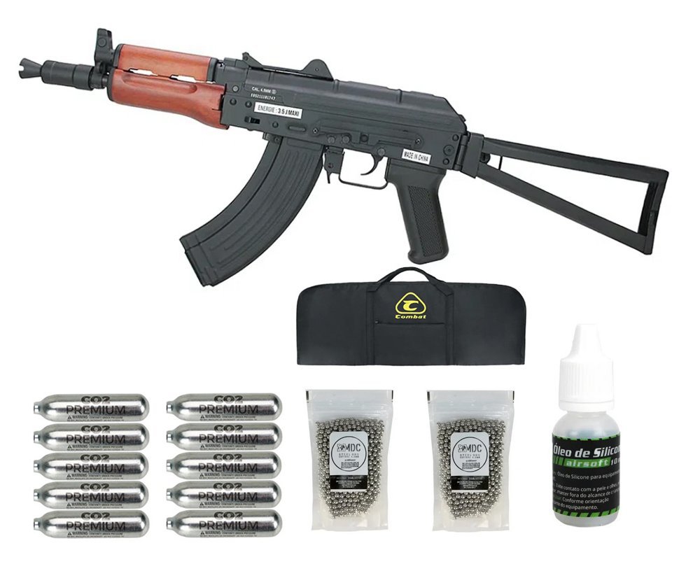 Rifle de Pressão Gás CO2 AKS74U Kalashnikov Full Metal 4.5mm - Cybergun + Co2 + Esferas + Oleo de silicone + Capa