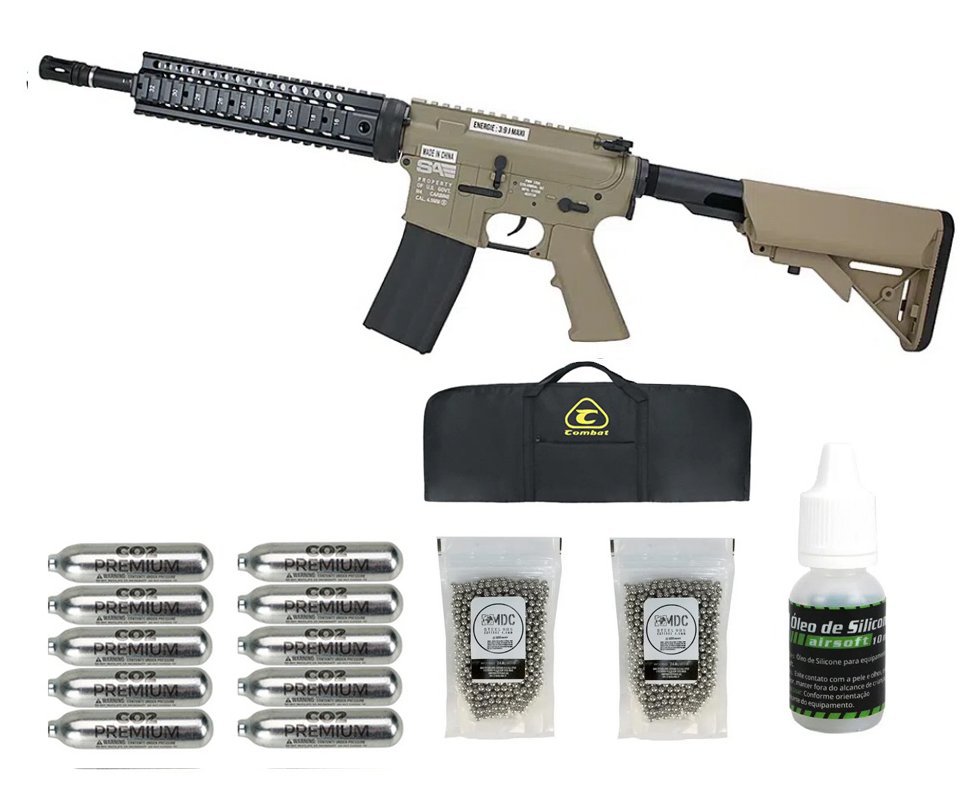 Rifle de Pressão CO2 FN Herstal M4 RIS SA Full Metal 4.5mm TAN - Cybergun + Co2 + Óleode silicone + Esferas + Capa