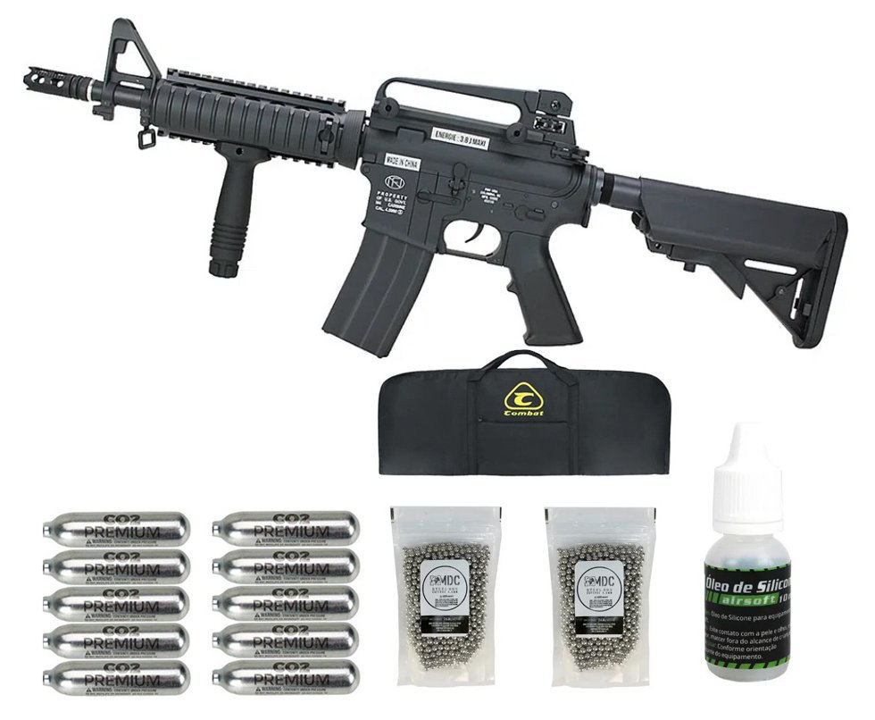Rifle de Pressão Gás CO2 FN Herstal M4 RIS Full Metal 4.5mm - Cybergun + Co2 + Óleo de silicone + Esferas + Capa