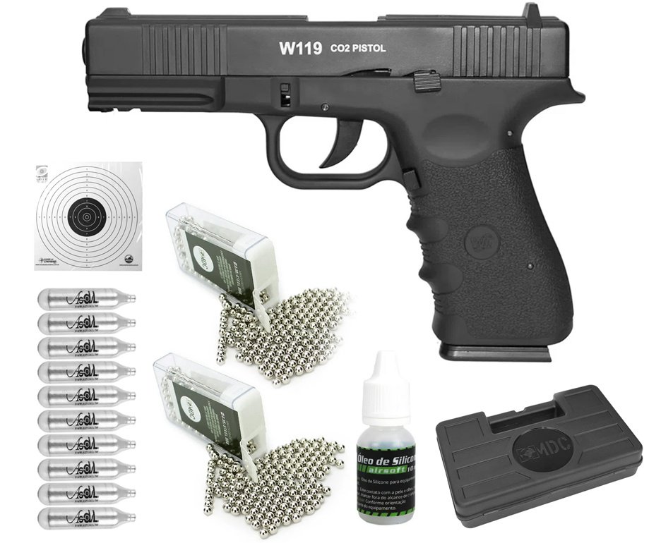 Pistola Pressão Co2 Wg Glock W119 Blowback 4,5 + Co2 + Bbs + Case + Alvos + Óleo