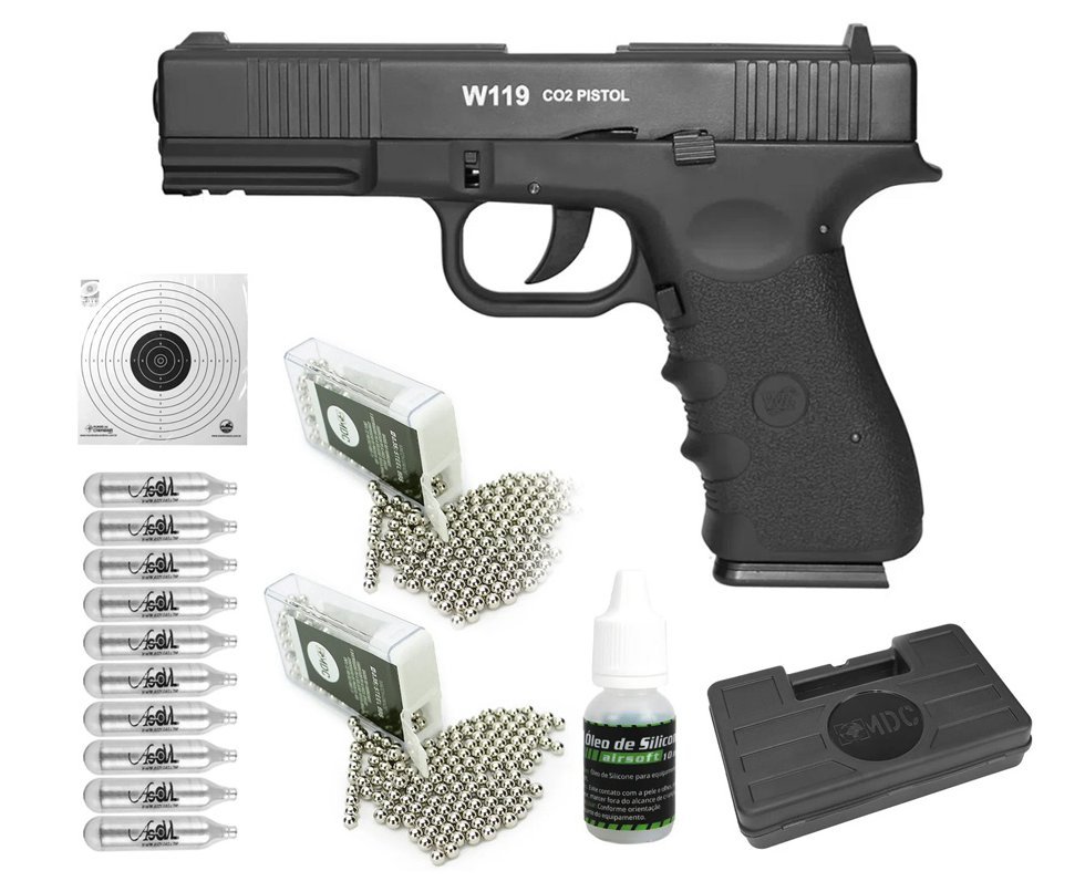 Pistola Pressão Co2 Wg Glock W119 Blowback 4,5 + Co2 + Bbs + Case + Alvos + Óleo
