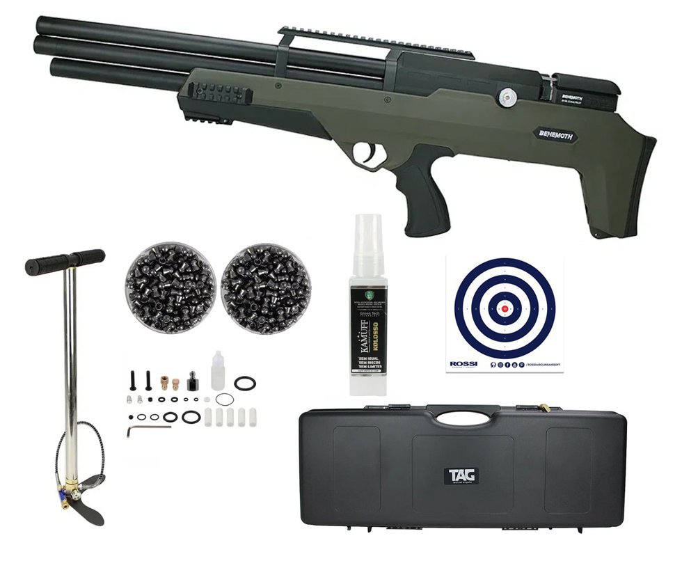 Carabina de Pressão PCP Behemoth PS-R3-SF 5,5mm Green  + Case + Bomba + Chumbos + Alvos + Kamuff