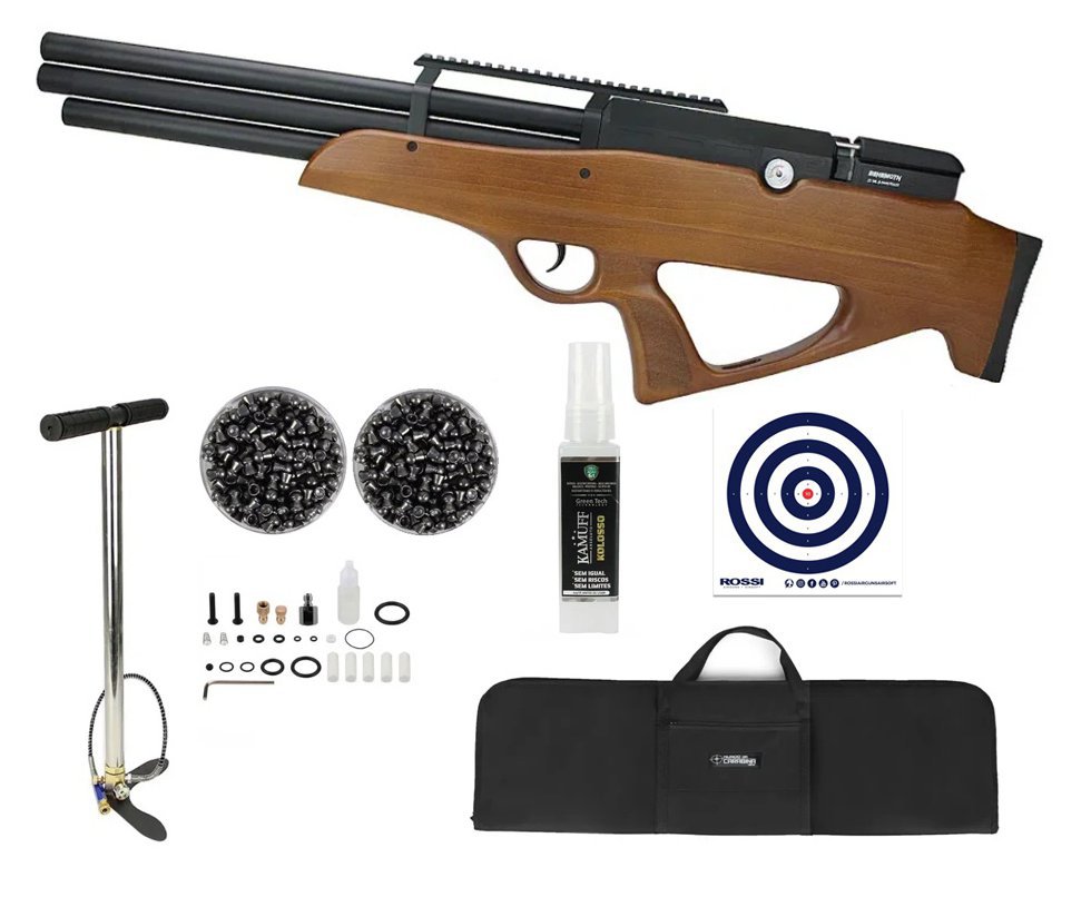Carabina de Pressão PCP Behemoth PS-R3-SF 5,5mm Wood + Capa + Bomba + Chumbinhos + Alvos + Kamuff
