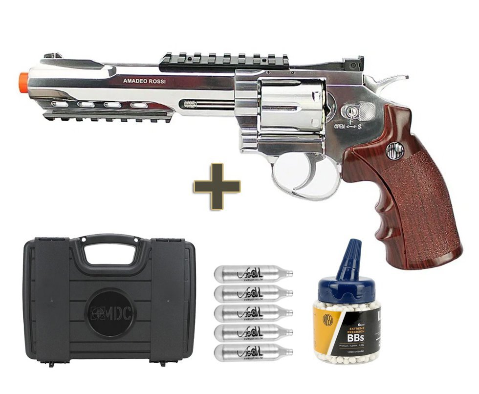 Revólver de Airsoft CO2 W702S 6" 6 Tiros Niq Full Metal 6mm Rossi WinGun + Maleta + Co2 + BBS