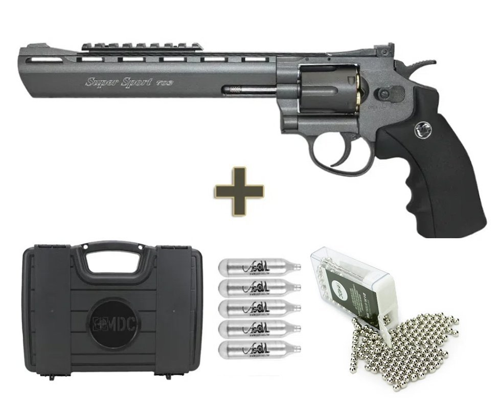 Revólver de Pressão 38 Gás CO2 6 tiros 8" Rossi Full Metal M703B 4,5mm - Wingun + Maleta+ Co2 + Esferas De aço