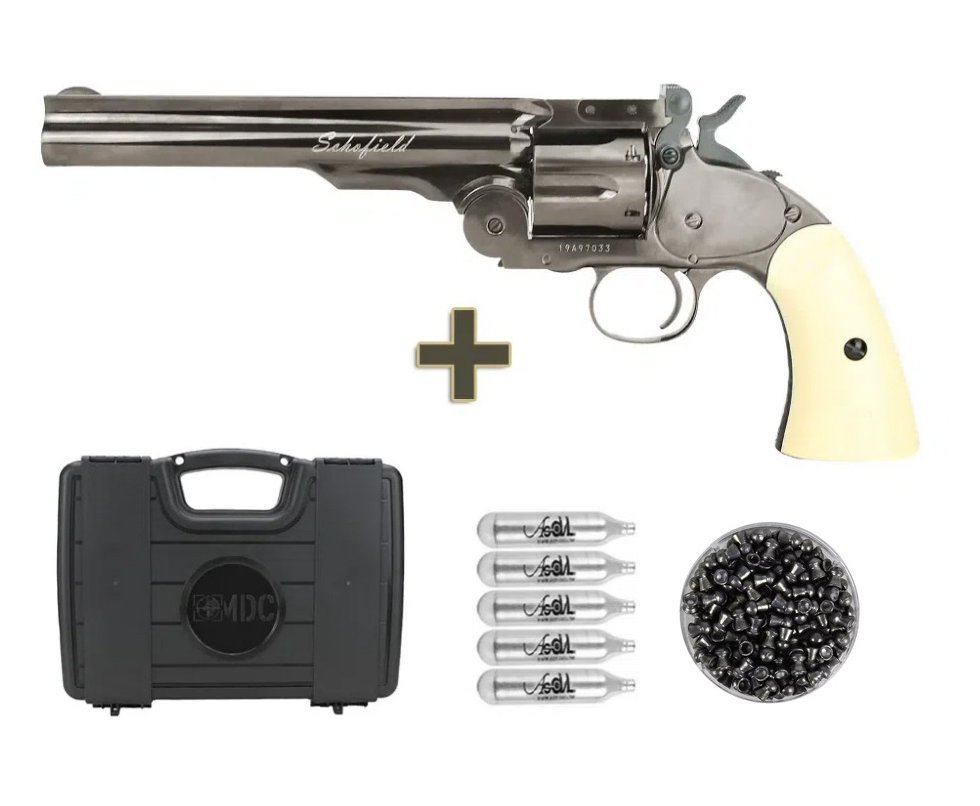 Revólver De Pressão CO2 Colt .45 Schofield 6" Full Metal 6 Tiros Steel Chumbinho 4,5mm Asg + Maleta + Co2 + Chumbinho