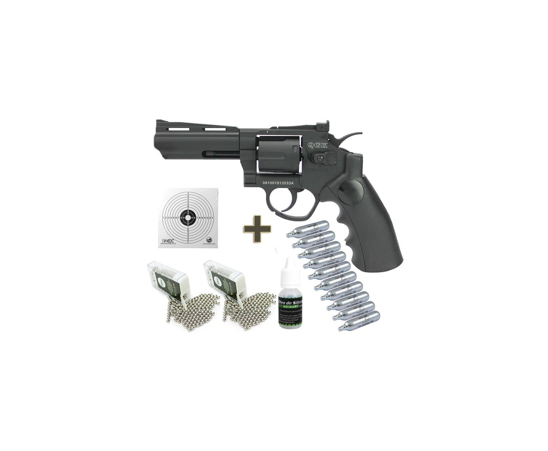 Revólver de Pressão Gas CO2 Titan 4 BK Full Metal Esfera de aço 6mm QGK + BBS + Co2 + Alvos + Óleo