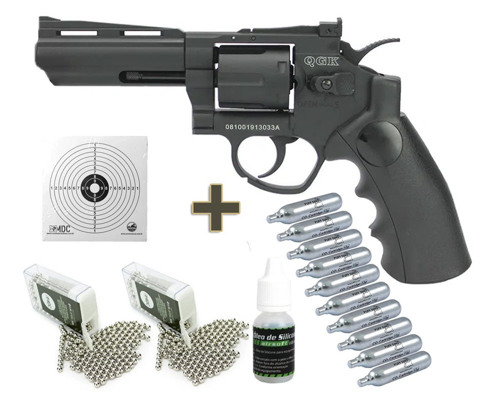 Revólver de Pressão Gas CO2 Titan 4 BK Full Metal Esfera de aço 6mm QGK + BBS + Co2 + Alvos + Óleo