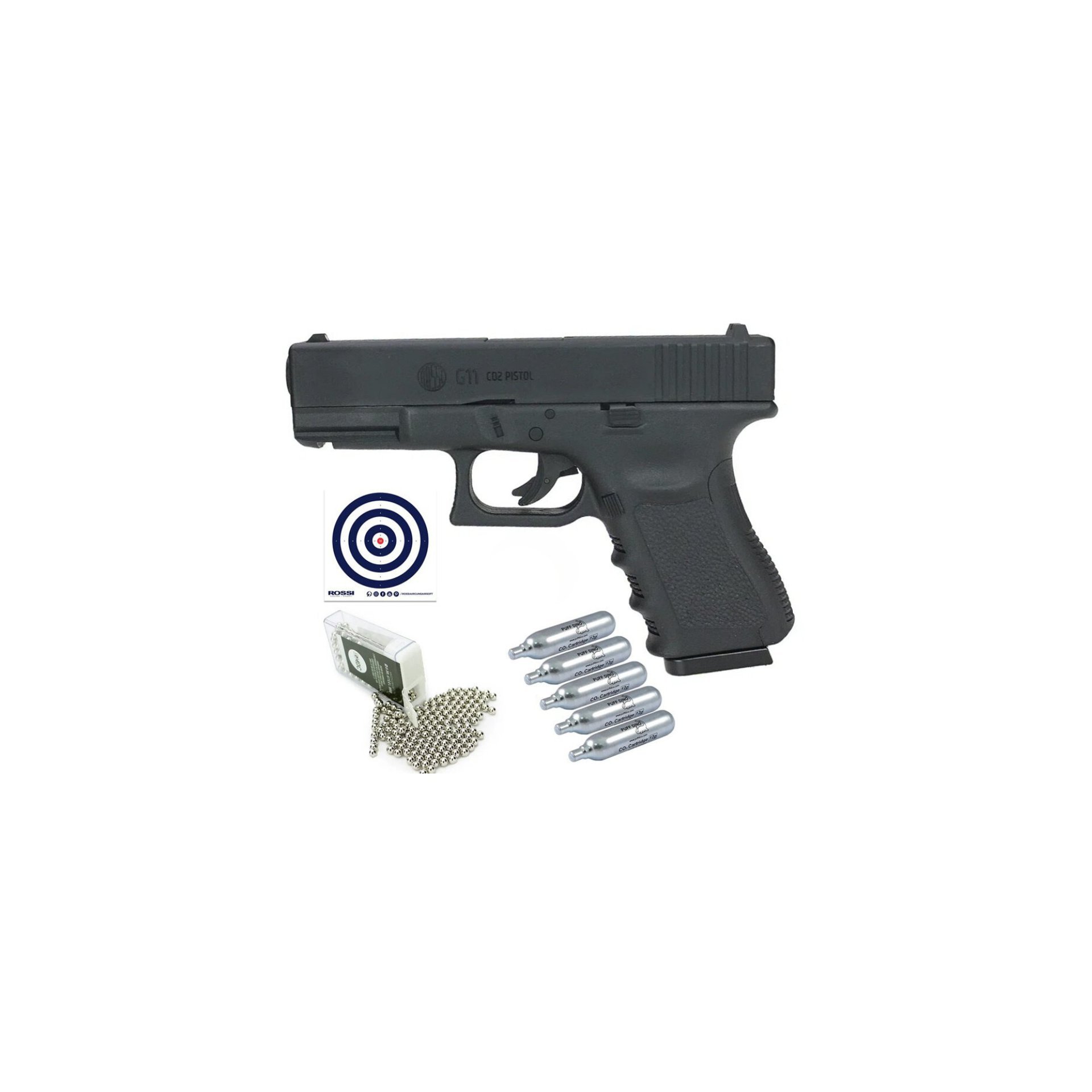 Pistola de Pressão Glock G11 Rossi 4.5mm G19 NBB + Co2 + Alvos + Bbs