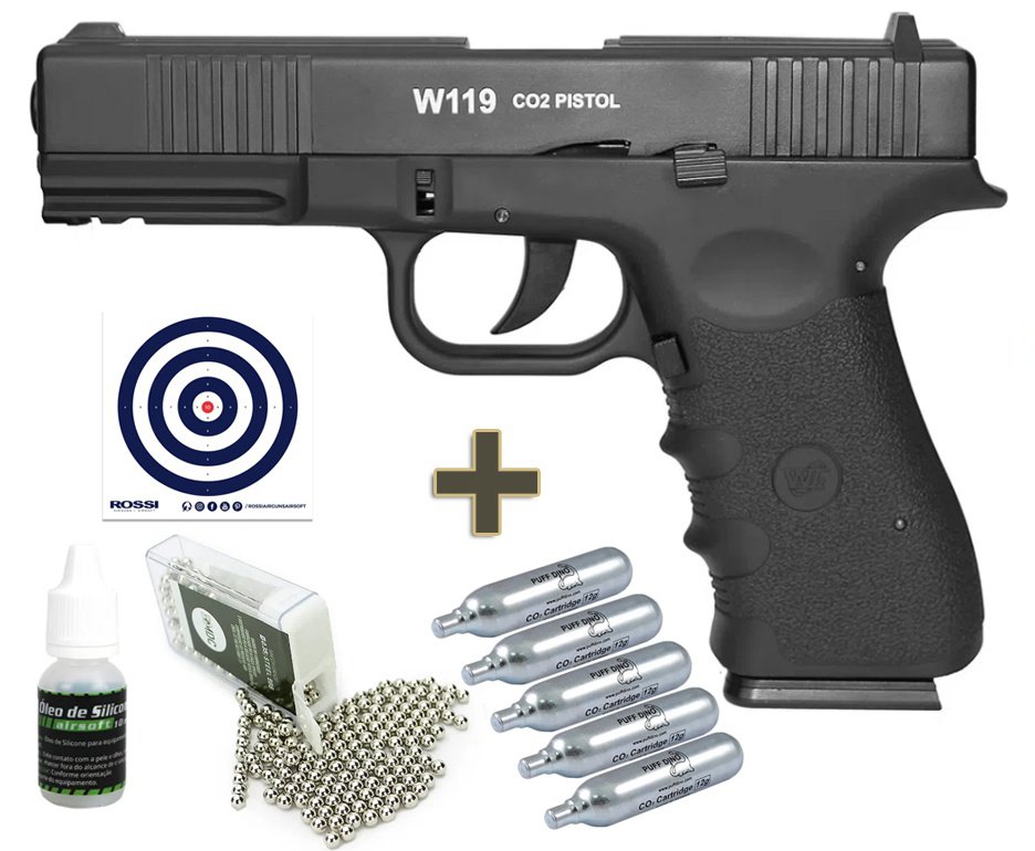 Pistola De Pressão Gas Co2 Wg Glock W119 Slide Metal Blowback 4,5mm + Co2 + Alvos + Bbs + Oleo