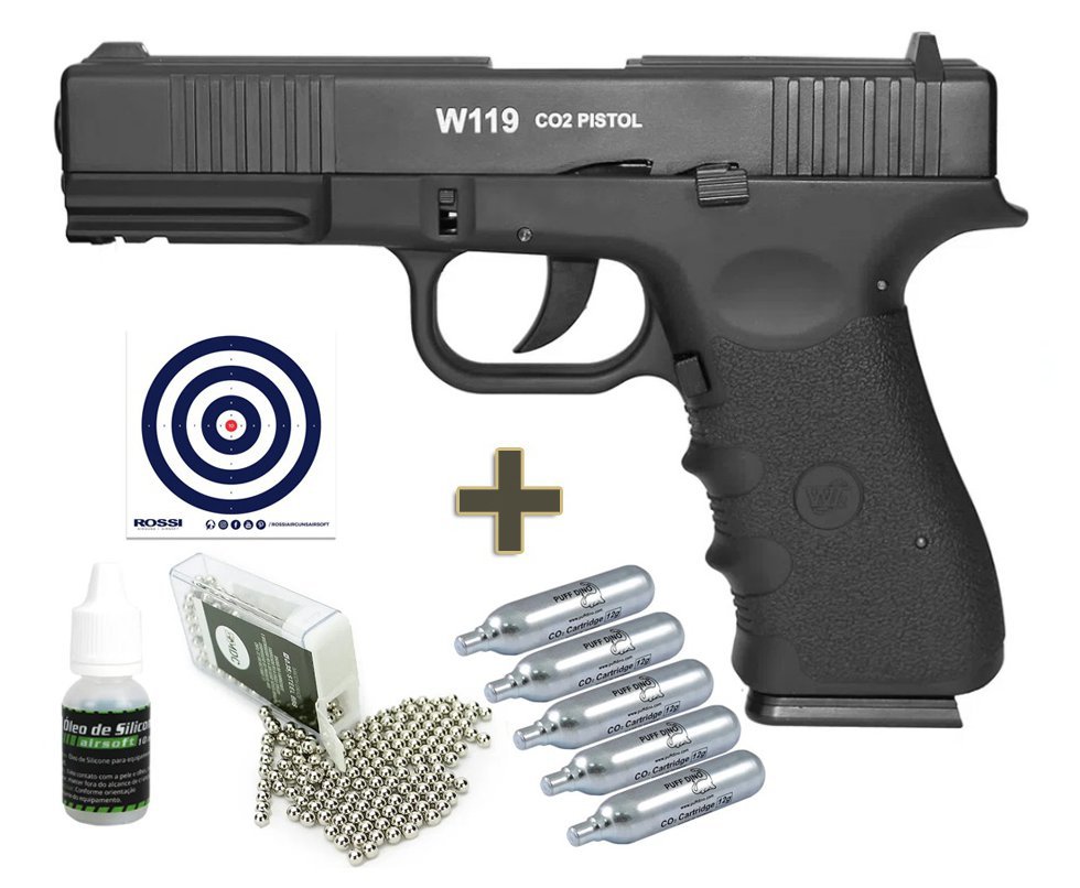 Pistola De Pressão Gas Co2 Wg Glock W119 Slide Metal Blowback 4,5mm + Co2 + Alvos + Bbs + Oleo