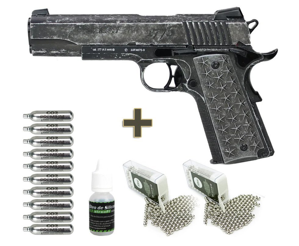 Pistola de Pressão CO2 Sig Sauer 1911 Blowback WE Full Metal 4.5mm Licenciada + Maleta + Co2 + Alvos + Bbs + Oleo