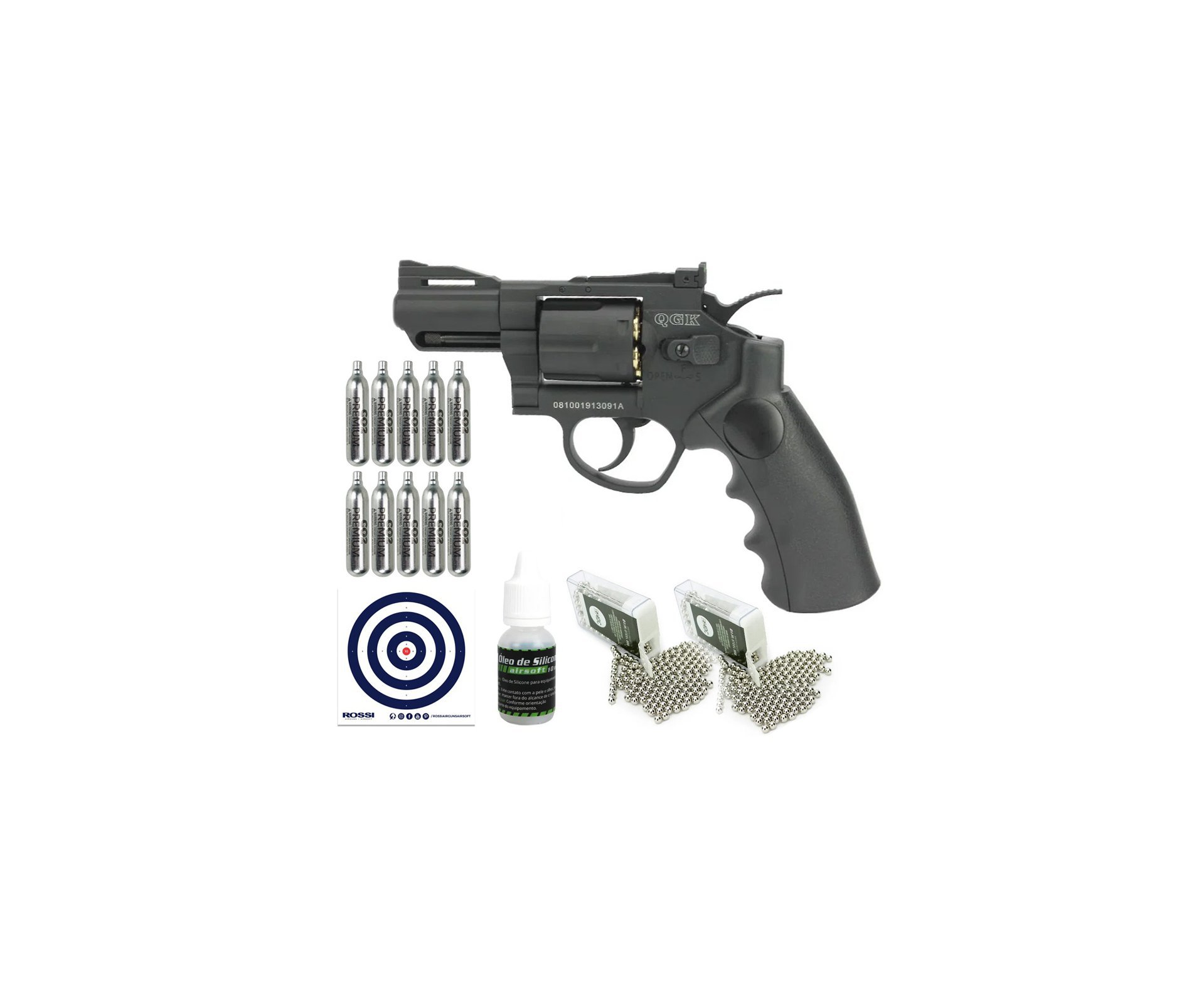 Revólver de Pressão Gás CO2 Titan 2.5 BK Full Metal 6mm + Co2 + Bbs + Alvos + Óleo