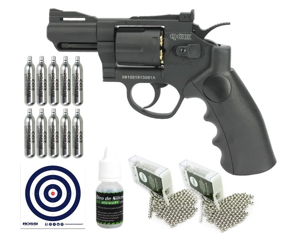 Revólver de Pressão Gás CO2 Titan 2.5 BK Full Metal 6mm + Co2 + Bbs + Alvos + Óleo