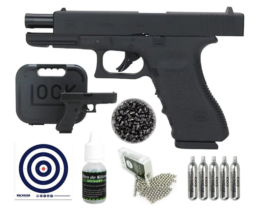 Pistola de Pressão CO2 Glock G17 4.5 Chumbinho e BBs + Co2 + Bbs + Chumbo + Alvos + Óleo