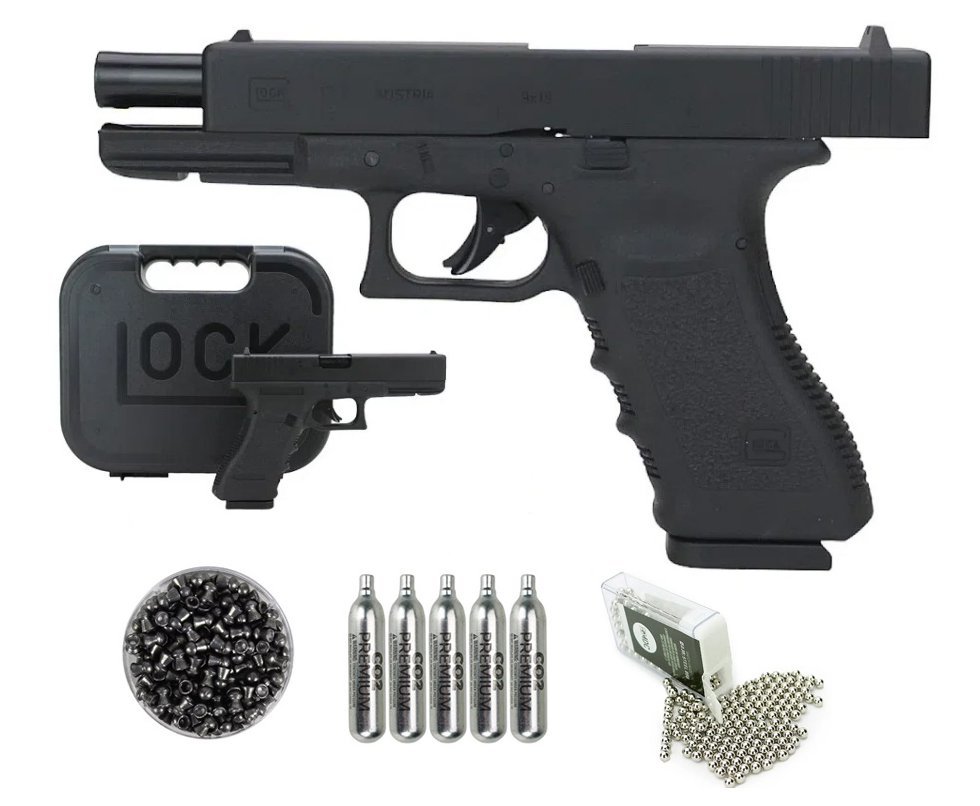 Pistola de Pressão CO2 Glock G17 4.5 Chumbinho e BBs + Co2 + Bbs + Chumbo