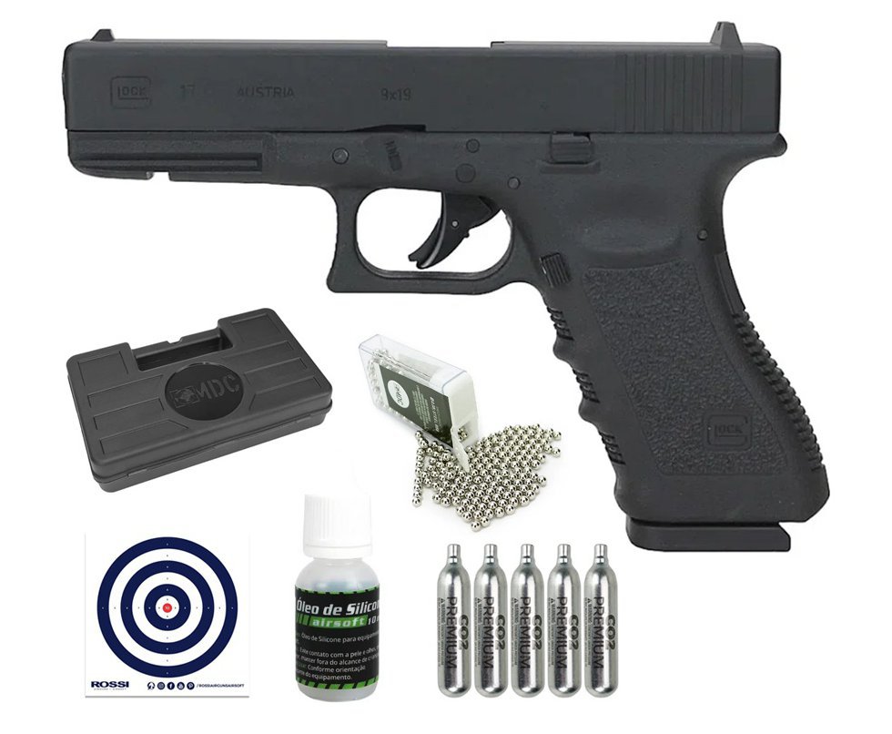 Pistola de Pressão CO2 Glock G17 4.5 Steel BB + Case + Co2 + Bbs + Alvos + Óleo