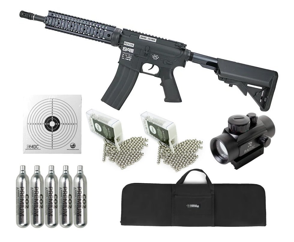Rifle de Pressão CO2 FN Herstal M4 RIS SA Full Metal 4.5 + Co2 + Bbs + Capa + Alvos + Red Dot